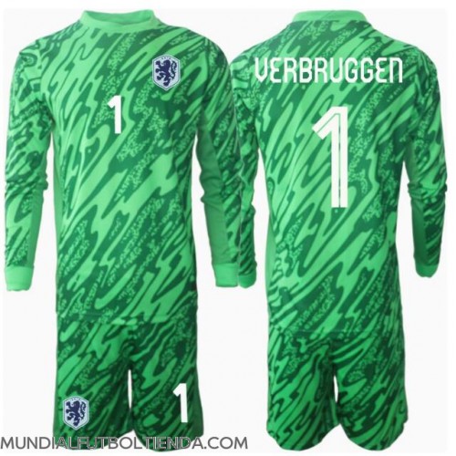 Camiseta Países Bajos Bart Verbruggen #1 Portero Primera Equipación Replica Eurocopa 2024 para niños mangas largas (+ Pantalones cortos)